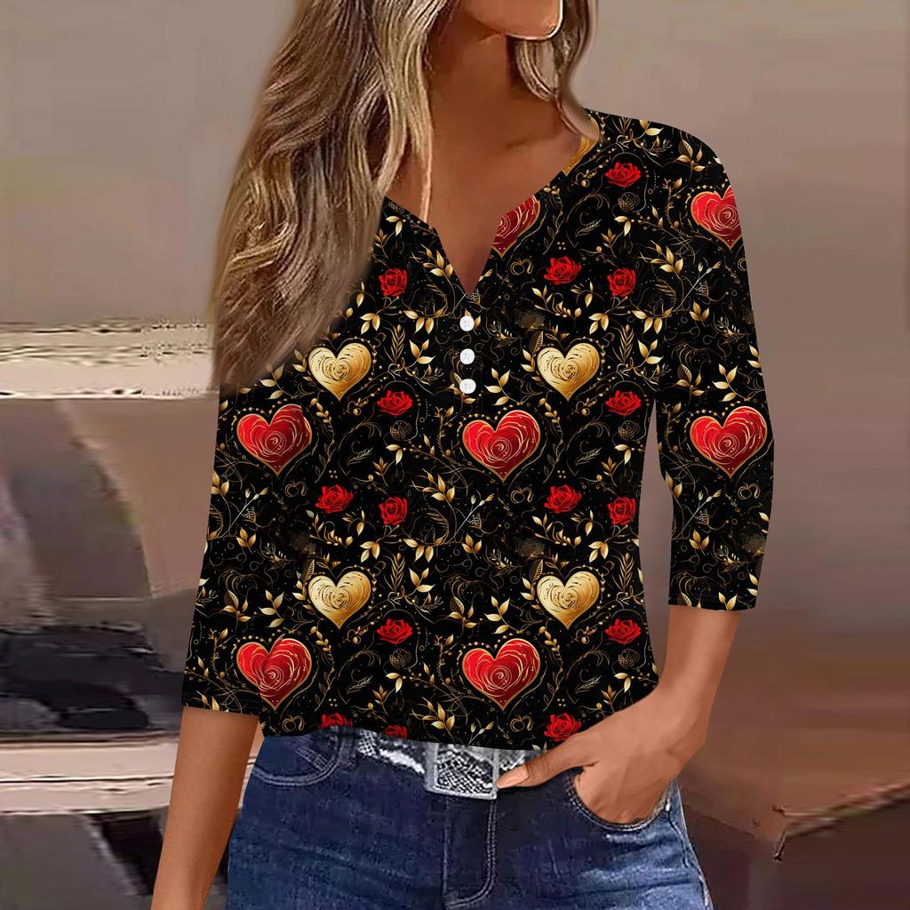 Женский повседневный универсальный топ с V-образным вырезом и рукавом три четверти на пуговицах с принтом ко Дню святого Валентина