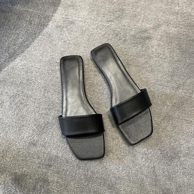 Модные женские модные сандалии 2025 Новые летние туфли на плоской подошве Квадратный носок Слипоны Для девочек Домашние уличные тапочки Большой размер Пляжные шлепанцы