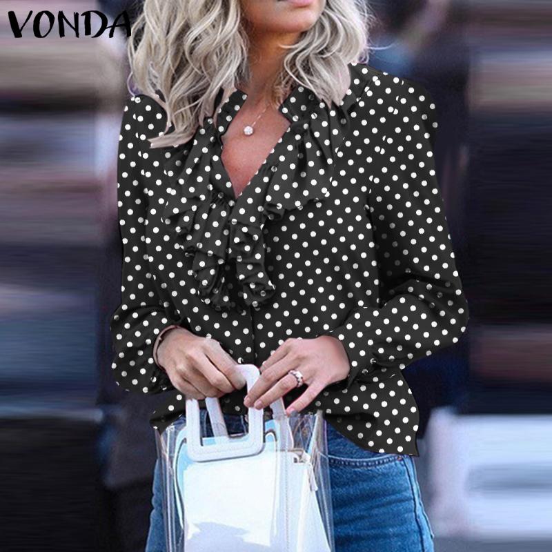 VONDA Женская мода с оборками и воротником-стойкой, длинным рукавом, рубашка в горошек