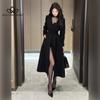 Premium Lace-up Medium-length Coat Women Winter New Waisted Black Tweed Jacket Casual Style Long Coat