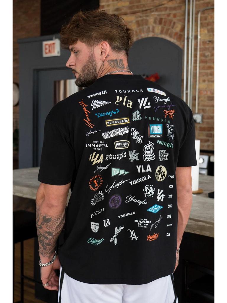 Мужская футболка свободного кроя YOUNG LA из хлопка — летний принт на всю спину, короткие рукава, круглый вырез, повседневный спортивный топ для фитнеса