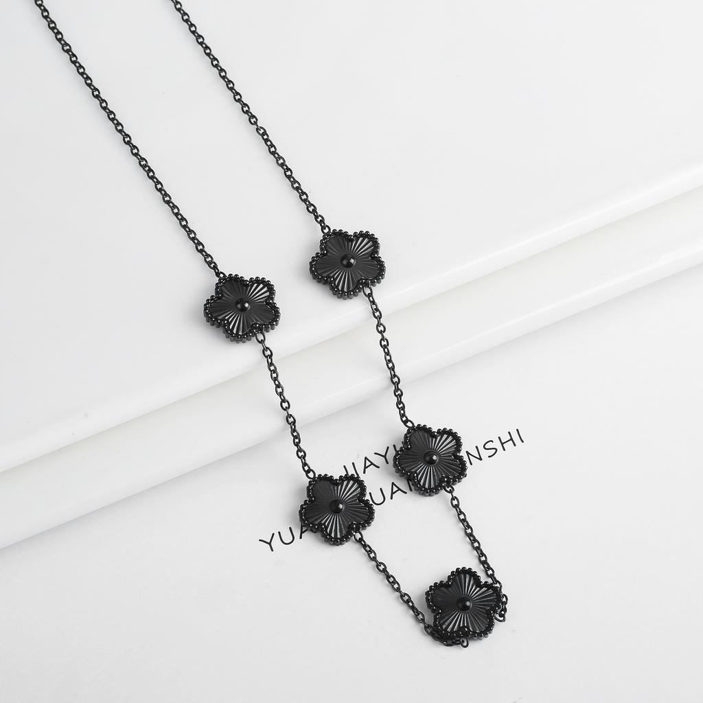 Plum Blossom Metal Laser Five Leaf Flower Bracelet Necklace Earrings for Women Gift Fashion Stainless Steel Clover Jewelry Set
