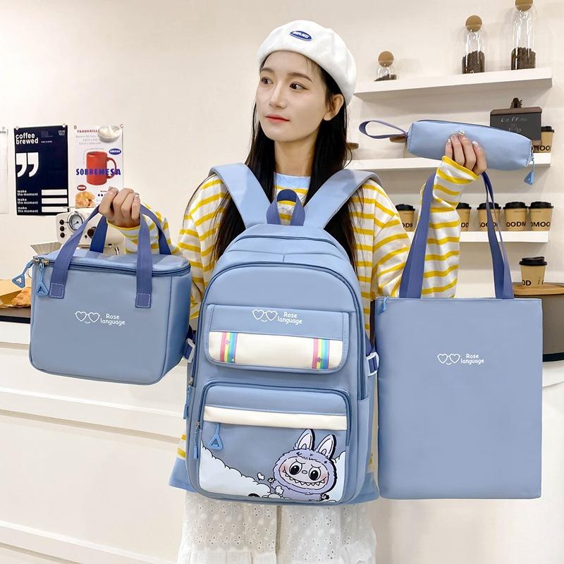 New Student Schoolbag Large Capacity Cartoon Four Piece Set Backpack Cute Primary and Secondary School Students Backpack Meal Bag Tutoring Bag