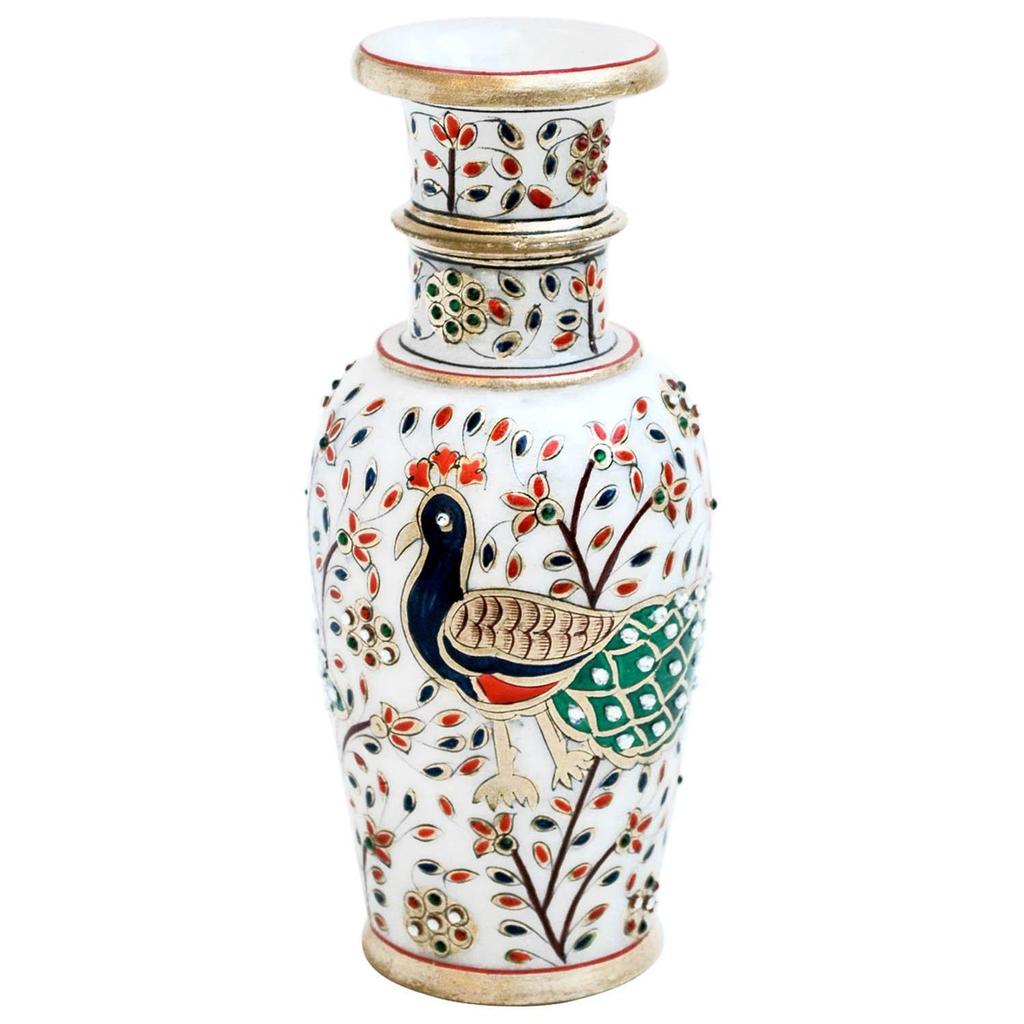 Marble Peacock Motif Flower Vase 9 Inch