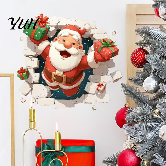Seasonal Wall Art 3D Santa Claus Christmas Decals, Break Through Reindeer Party Supplies Window Stickers, Removable Winter Holiday Decorations