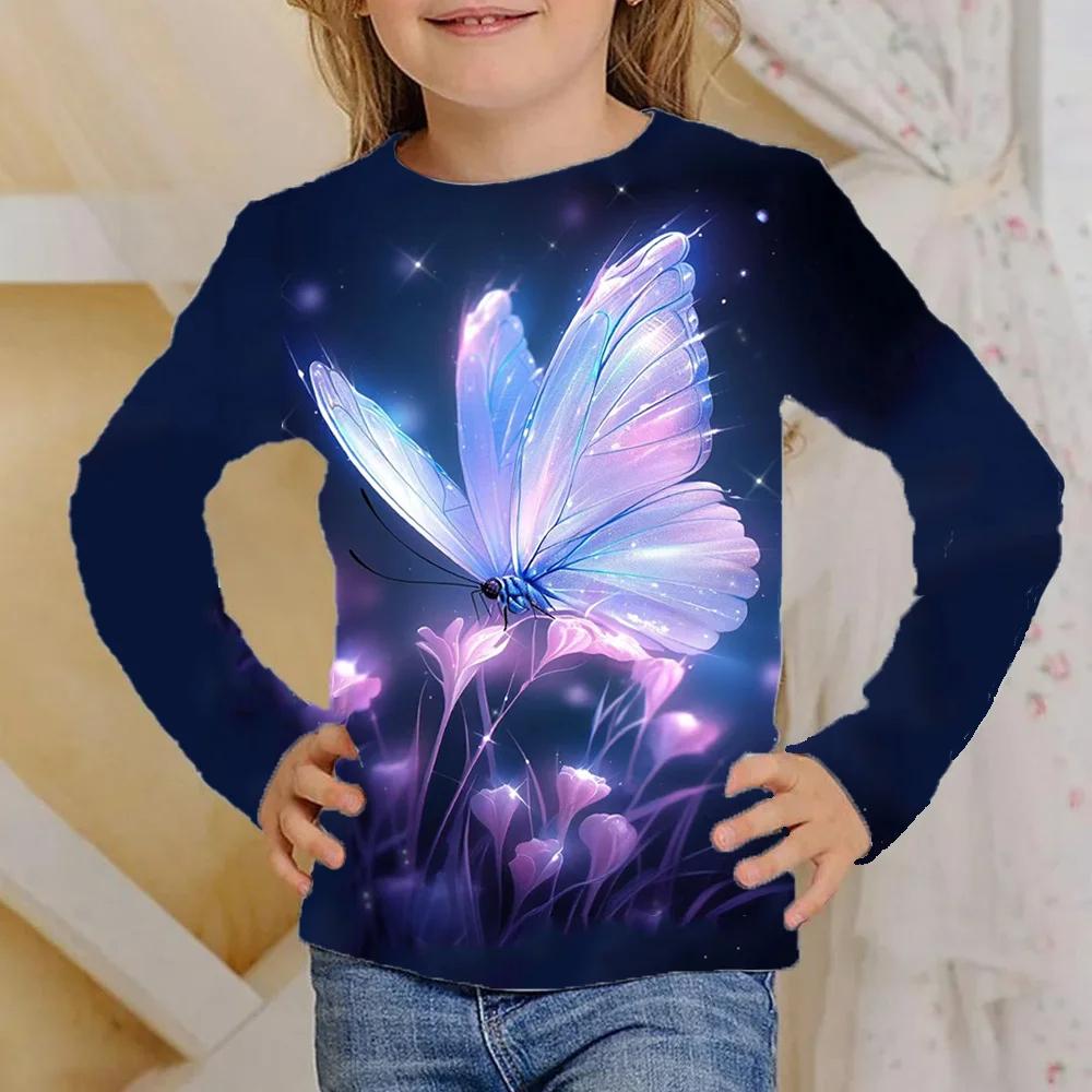 Children's Colorful Butterfly 3D Digital Printed Girl's Casual and Comfortable Round Neck Long Sleeve T-shirt