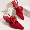 Fashion High Quality Low Heel Satin Design Pointy Toe Sandals Women Summer Front Rear Strap Flower Decoration High Heels Women Pumps