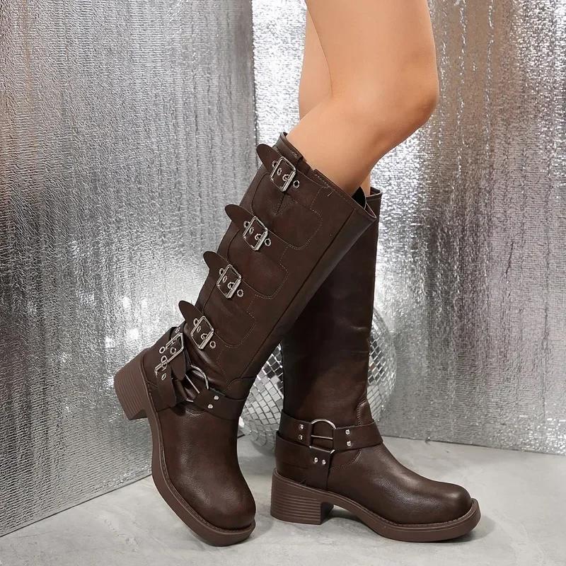 2024 Brand Ladies Shoes Slip-on Women's Boots Fashion Metal Decoration Modern Boots Women Winter Plus Size Solid Knee-High Boots