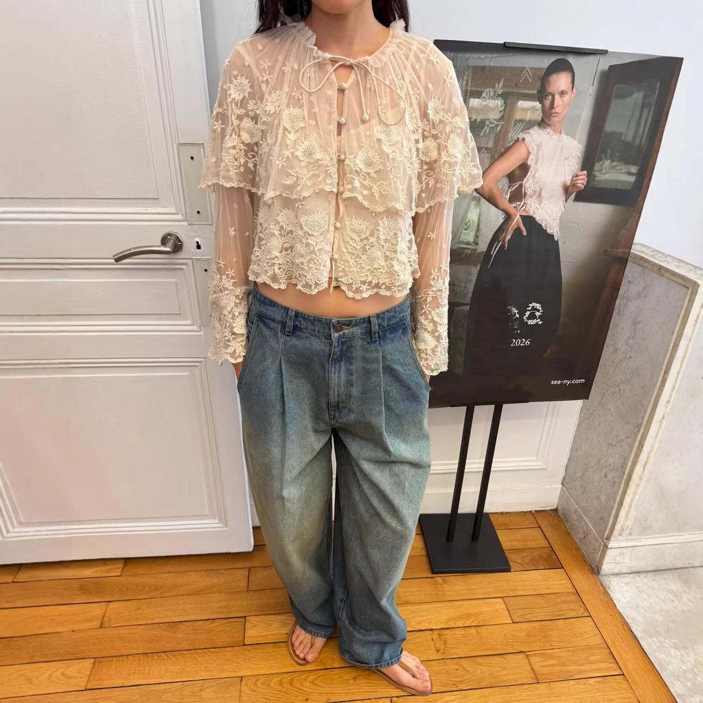 SE Дизайнерская кружевная рубашка Весна 26: Двухслойный, прозрачный, с цветочной вышивкой, кардиган-накидка