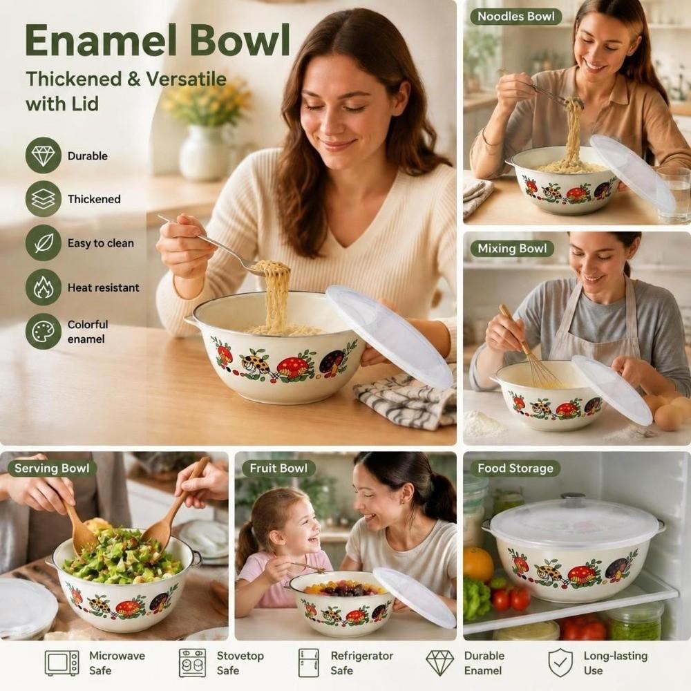 with Lid Enamel Mixing Bowl Chinese Rose Print Instant Noodle Bowl Vintage Enamel Bowl Camping