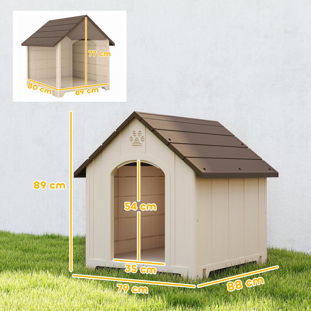 Dog House Weatherproof Doghouse 88 x 79 x 89 cm Elevated Dog Den with Flip-Up Asphalt Roof, Ground Anchors