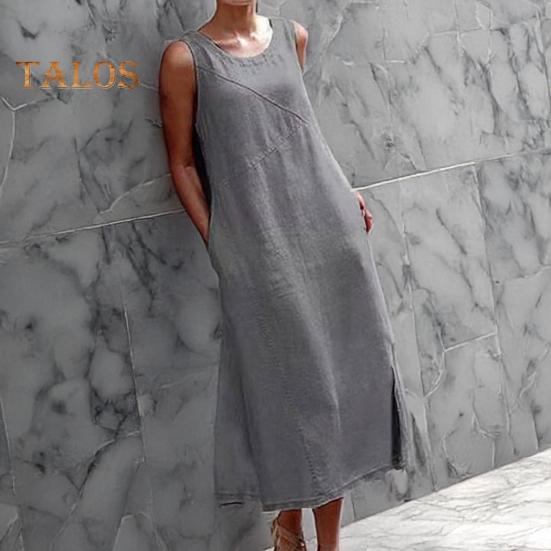 Платье макси без рукавов для женщин, свободное платье-майка с круглым вырезом и карманами, длинный сарафан для пляжного отдыха, летний повседневный наряд