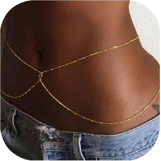 2Pcs 14K Gold Plated Waist Chain for Women, Layered Belly Chains Belt Adjustable, Bohemian Starfish Shell Beaded Bikini Body Chain for Beach, Summer