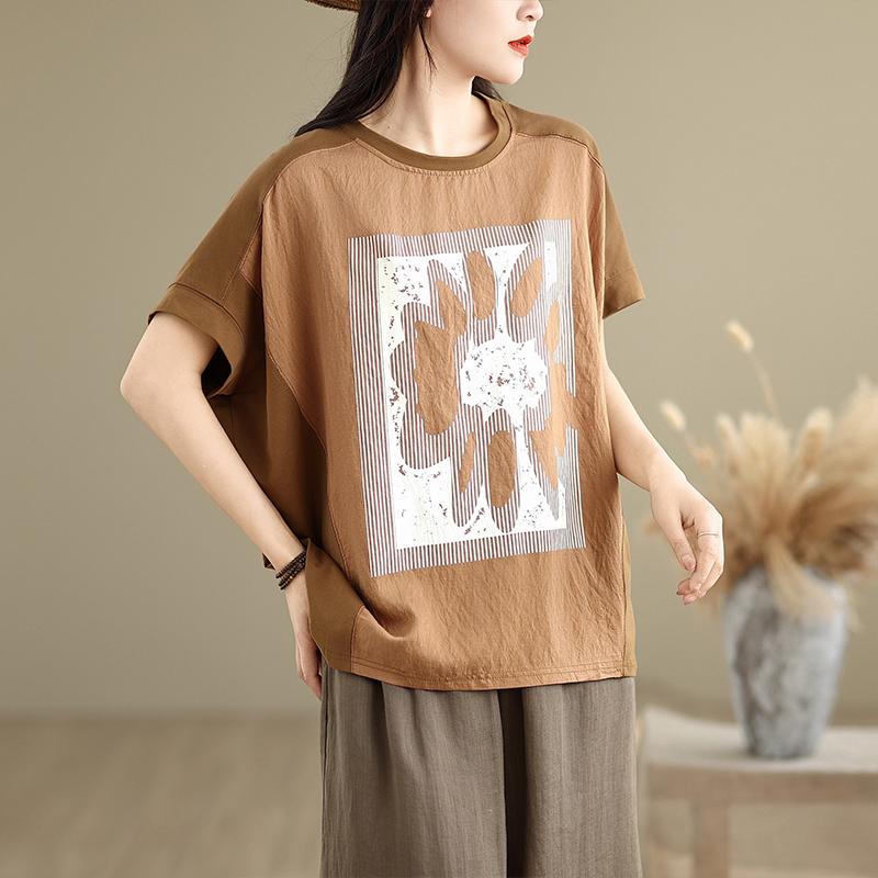 DIMANAF 2025 Летние Топы Большого Размера Хлопковая Футболка с Круглым Вырезом Женщины Рукав Летучая Мышь Принт Свободные Футболки