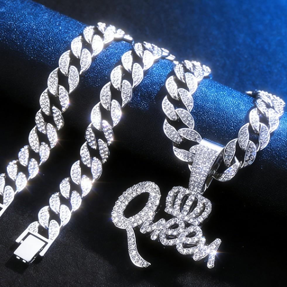 Hip Hop Zinc Alloy Crown QUEEN Letter Full Diamond Pendant Temperament Personality Necklace Jewelry Men
