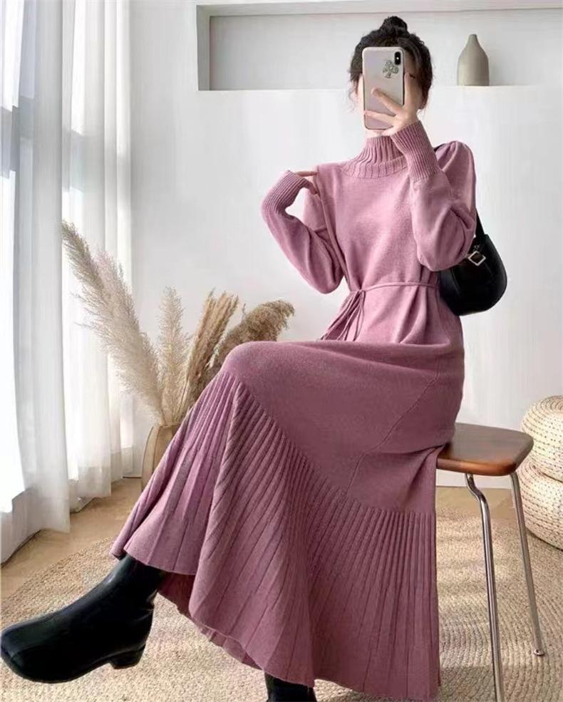 Semi-turtleneck Bottoming Knitted Sweater Skirt Women's Autumn and Winter New Over-knee Long Loose Large Size with Coat Dress Tide