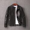 Мужская короткая приталенная кожаная куртка из искусственной кожи со стойкой