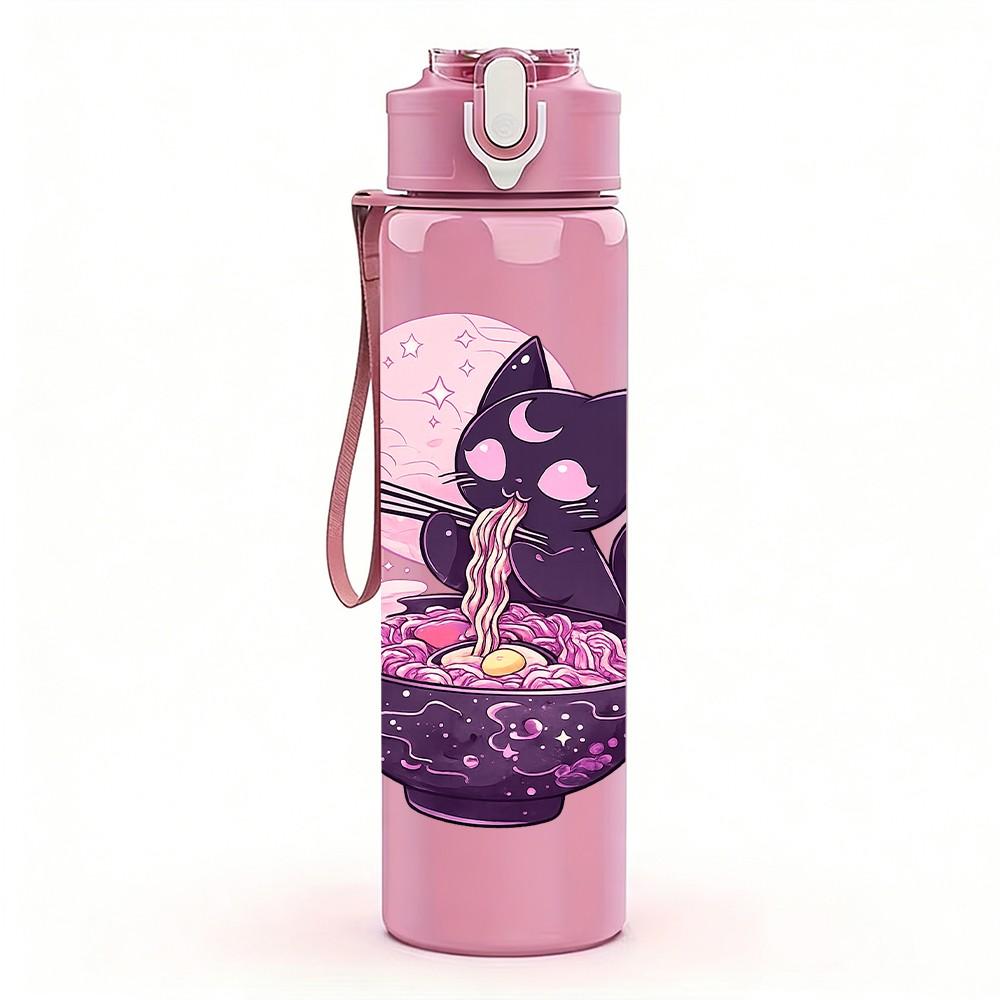 1PC Purple Cat Moon Night Print 750ml Color Plastic Sports Water Bottle Leakproof Flip Straw Lid Suitable for Sports Office Home Use