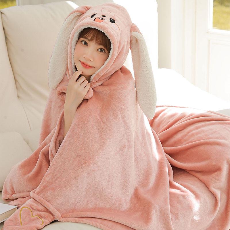 Уютная шаль с кроличьими ушками для осени и зимы - Толстое, милое одеяло для офиса, студентов или для сна