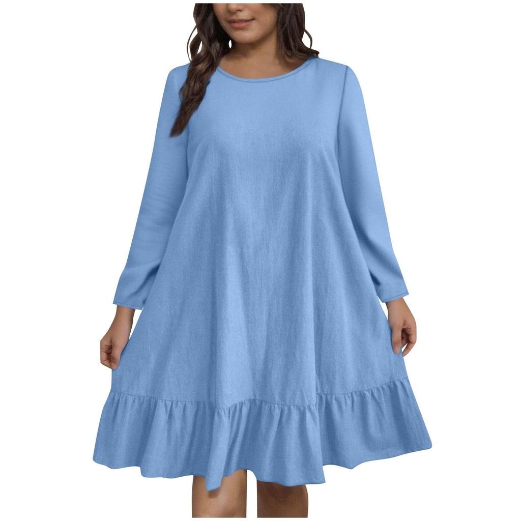 Women's Plus Size Casual Fashion Solid Color Round Neck Long Sleeves Dress