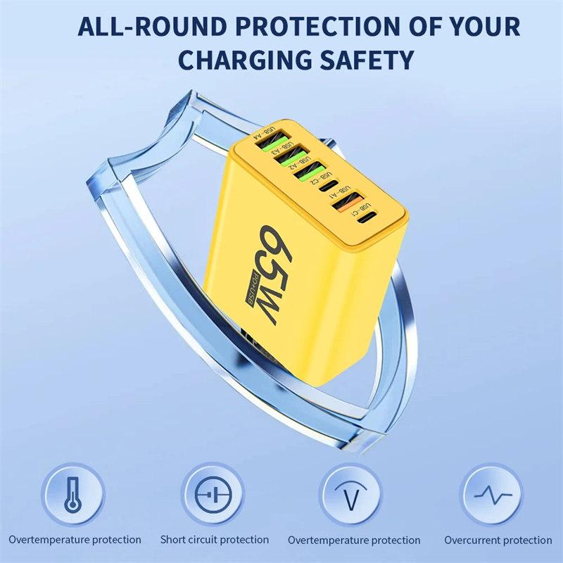 Зарядное устройство USB 65 Вт, 6 портов PD Type C, адаптер для быстрой зарядки для iPhone 13, 14, 15, Samsung, Xiaomi, Huawei, настенное быстрое зарядное устройство для мобильного телефона