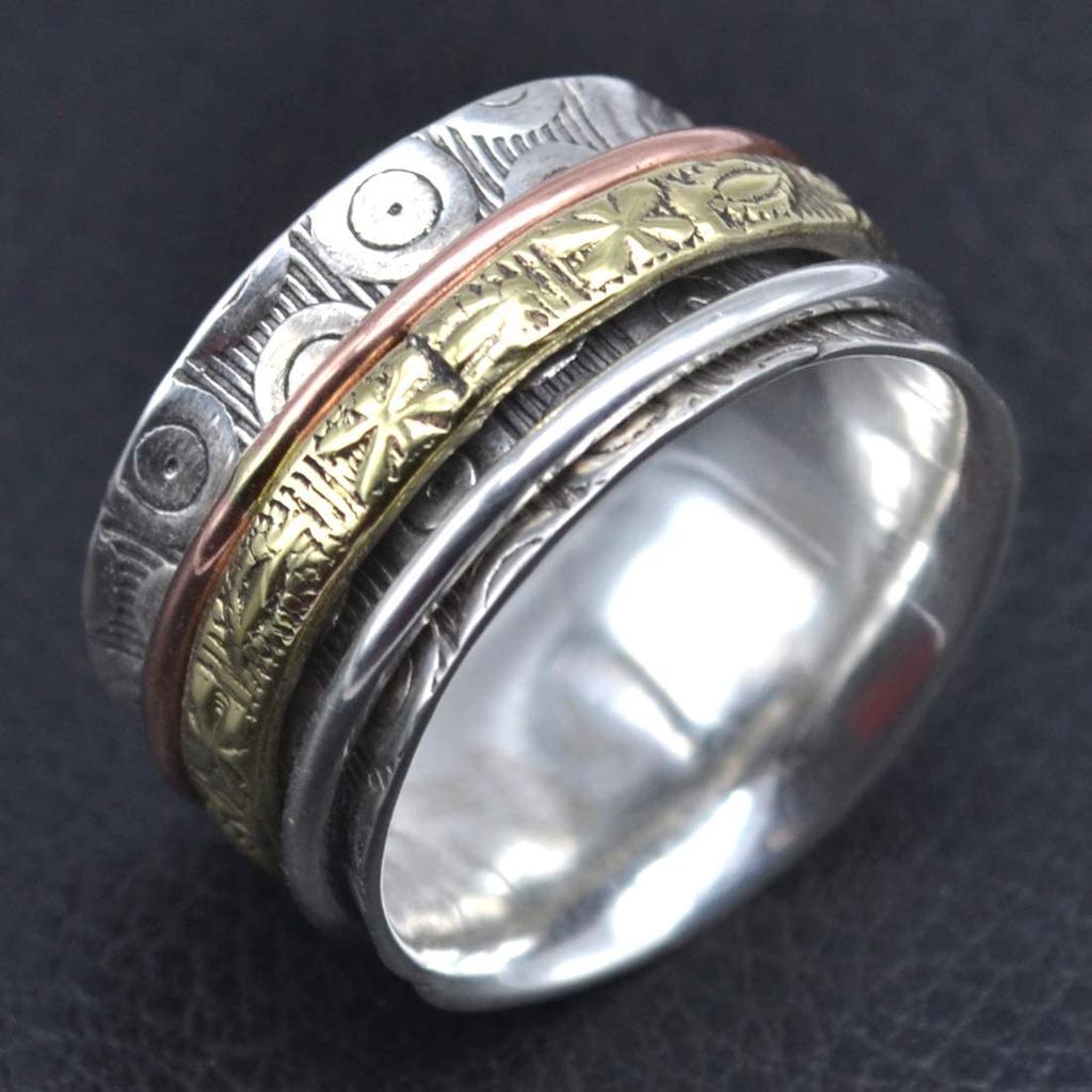 Кольцо Spinner Band, Стерлинговое Серебро 925 пробы, Трехцветное Кольцо, Кольцо Унисекс, Дизайнерское Кольцо, Серебряные Ювелирные Изделия, Заметное Кольцо, Ювелирные Изделия В Стиле Бохо