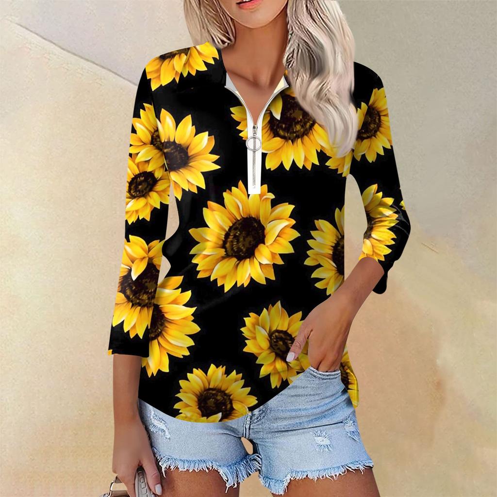 Женская повседневная футболка с v-образным вырезом и семью рукавами, пуловер с половиной молнии и принтом подсолнечника