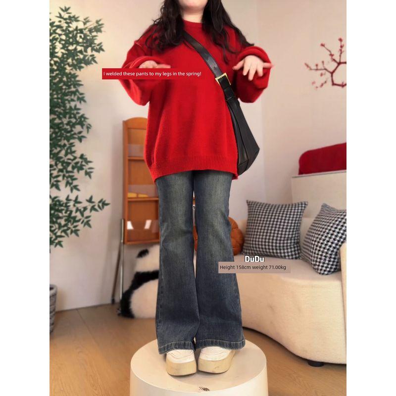 Vintage Flared Jeans for Women, Spring Season, Plus-Size, Slimming, Pear-Shaped Body, Thick Legs, Wide Hips, High-Waisted Wide-Leg Pants