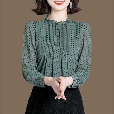 Шифоновая рубашка, женская летняя одежда, свободный темперамент, черный воротник-грибок, топ в горошек, свитер в западном стиле из шелка Mulberry, блузки и рубашки
