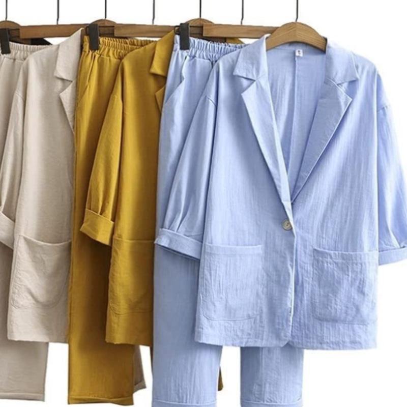 2024 European & American Women's Autumn Cotton-Linen Commuter Suit: Loose Jacket & Pants Set