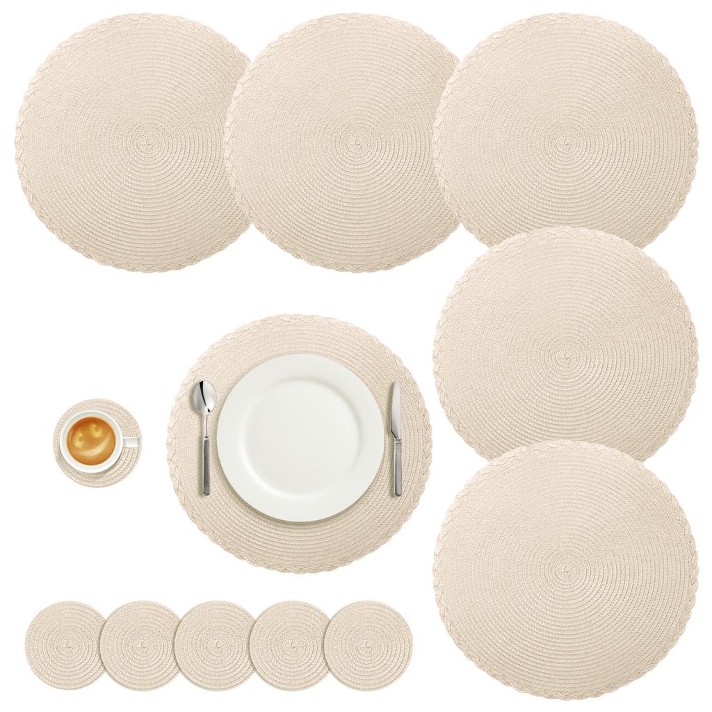 Set of 6 Round Braided Table Mat Washable Placemats Non Slip Heat Resistant for Kitchen Dining Tables Pad With 6Pc Cup Coasters