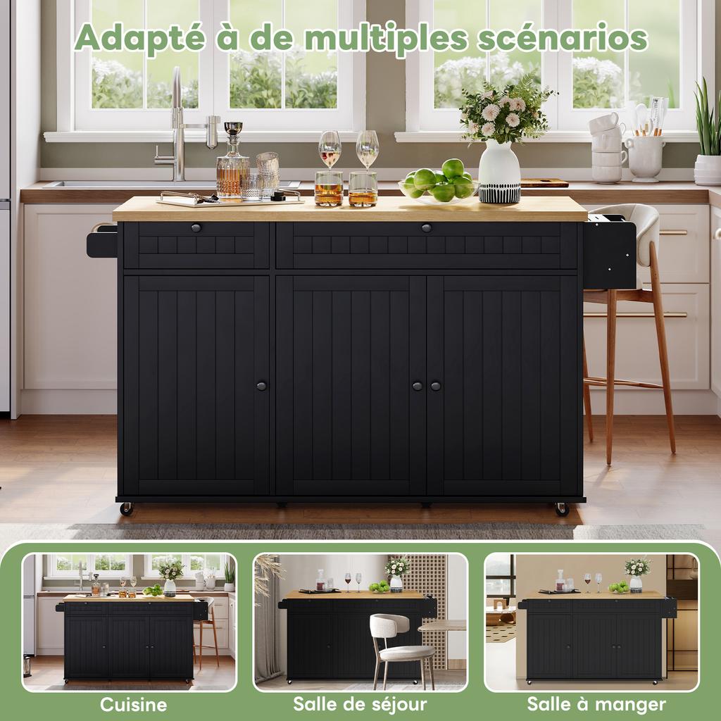 Kitchen Island with Foldable Worktop, Kitchen Cabinet on 6 Lockable Casters, with Shelf, Door Rack, 2 Large Drawers, Black, 137 x 89.5 x 45 cm