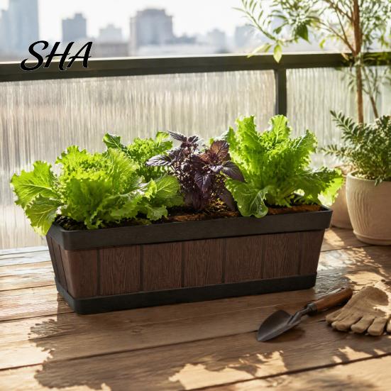 Durable Rectangular Pots for Garden Decor 18 Inch Planter Box, Imitation Wood Grain Window Box Planter, Plastic Vegetables Portable Flower Container