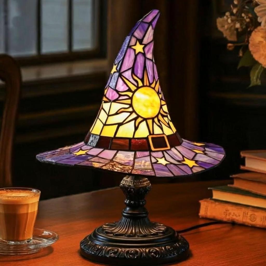 Halloween Witch Hat Lamp Resin Ornament USB Plug-in Light Decor, Festive Table Lamp