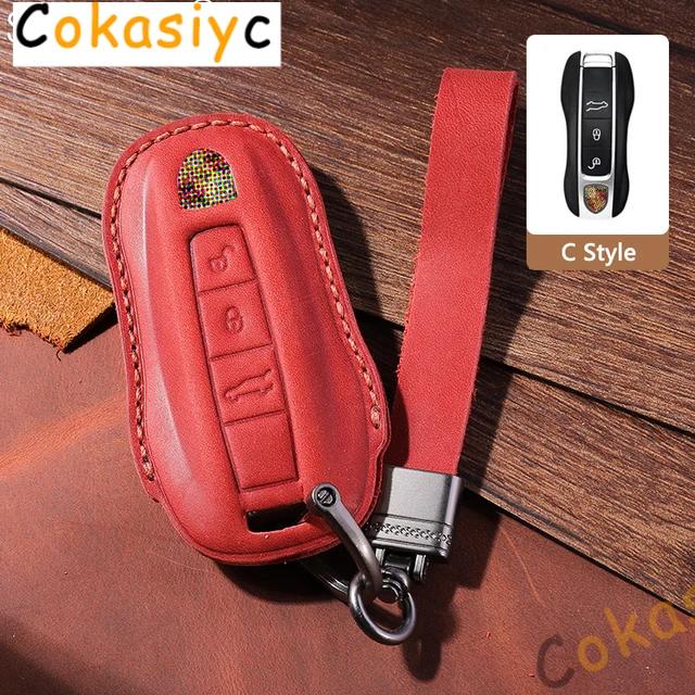 AABKR1 Leather Car Key Case Cover For Porsche Macan 911 Panamera Cayenne 2018 Replacement Boxster 986 987 981 Remote Fob Shell Keychain