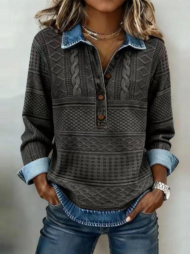 Женская вязаная рубашка с лацканами и длинным рукавом в европейском стиле 2025 года - Универсальная повседневная рубашка с пэчворком из денима для осени/зимы