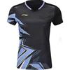 Li Ning Pullover V-Neck Logo Printed Short Sleeve Badminton Shirt Women Tops Black AAYU134-1