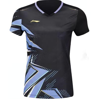 Li Ning Пуловер V-образный вырез с принтом логотипа с коротким рукавом Бадминтонная футболка Женские топы Черный AAYU134-1