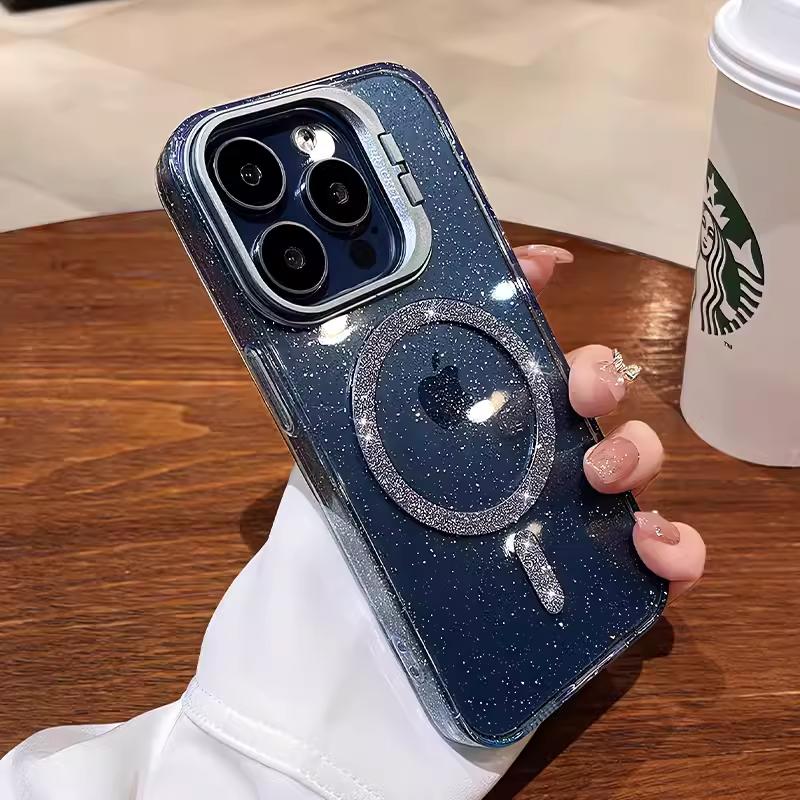 Блестящий чехол для беспроводной зарядки Magsafe для iPhone 14 13 11 12 15 Pro Max, держатель камеры, прозрачный жесткий акриловый магнитный чехол