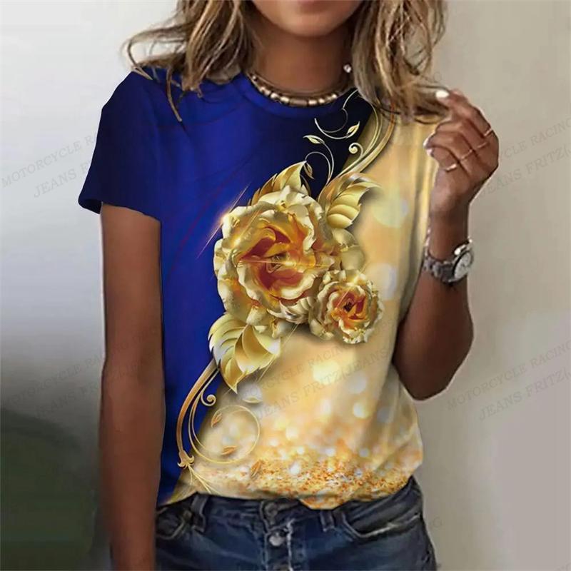 Футболка с принтом Golden Rose 3D, красивая женская одежда, женские топы с цветочным принтом Harajuku, футболки, женская футболка с коротким рукавом и круглым вырезом