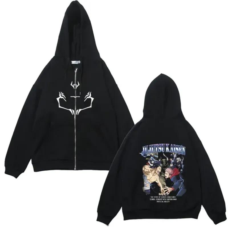 Куртки на молнии в стиле аниме, толстовки с принтом Jujutsu Kaisen, флисовые толстовки с принтом Satoru Gojo, манга, повседневные пальто, уличная одежда, одежда Y2K