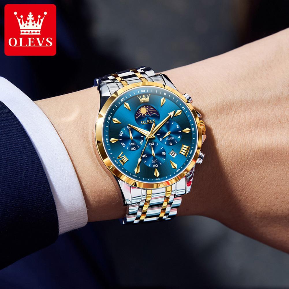 OLEVS Оригинальные кварцевые часы с хронографом для мужчин, фазы Луны, нержавеющая сталь, водонепроницаемые мужские часы, модные наручные часы с датой