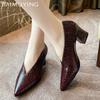 Chunky Women Shallow Shoes Pointed Toe Elegant Mid Heels Leather Pumps 2025 Trend Designer Dress Party Winter Femme Chaussures