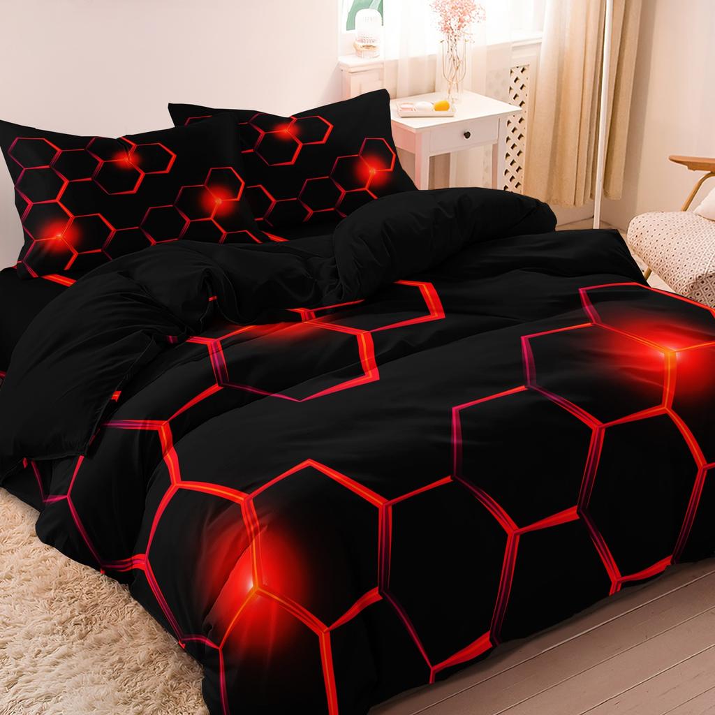 3pcs Geometric 3D Hexagonal Honeycomb Pattern DuvetCover SetDigital Print Colorful Polyester Bedding with Zipper Closure
