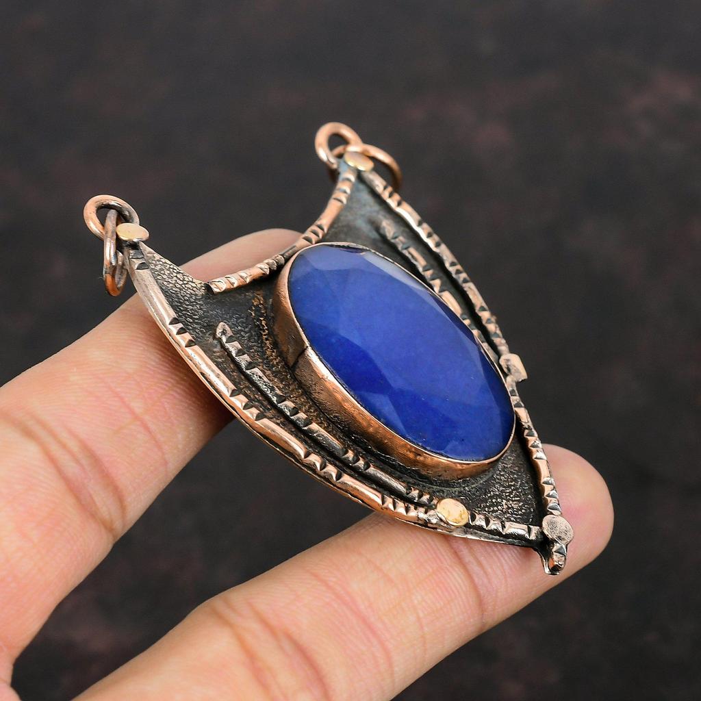 Ограненный Синий Сапфир Подвеска Медный Подвеска Подвеска из Натурального Драгоценного Камня Ювелирные Изделия Ручной Работы Подвеска Новейшего Дизайна Медные Ювелирные Изделия Подарок На Годовщину