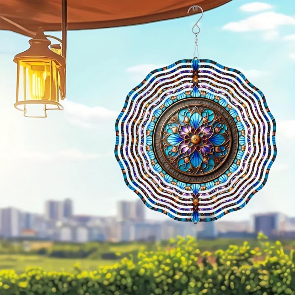 10 Inch Stained Glass Wind Spinner 3D Kinetic Metal Hanging Decor for Garden Yard Indoor Outdoor Blue White Windmill Gift for Women Men