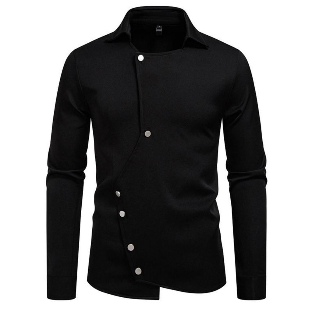 Men's Casual Solid-color Long-sleeved Shirt, Men's Slanted Front Button-down Lapel Shirt