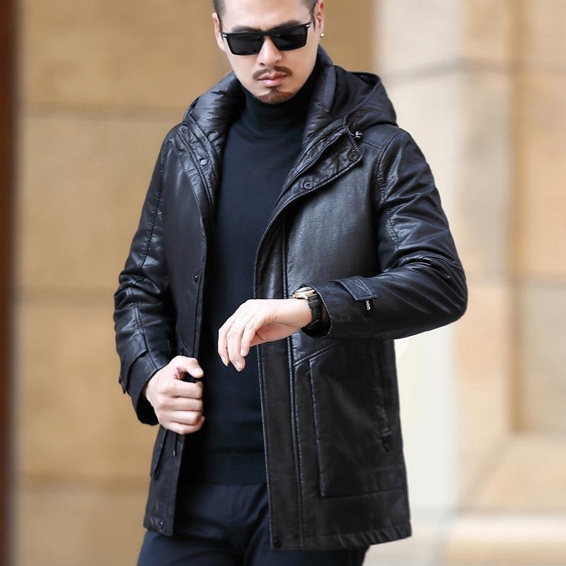 Middle-aged Genuine Leather Jacket Men's Casual Thickened Mid-length Leather Down Jacket Plus Velvet Jacket Hat Coat Winter