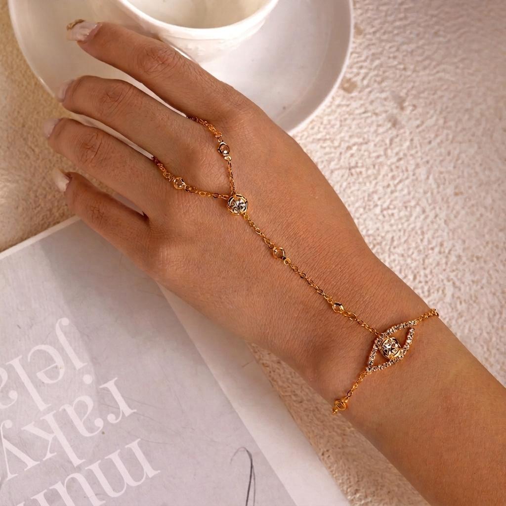 Gold Plated Double Hoop Teardrop Zircon Tassel Pendant Rings for Women Crystal Water Drop Connected Finger Ring Party Jewelry