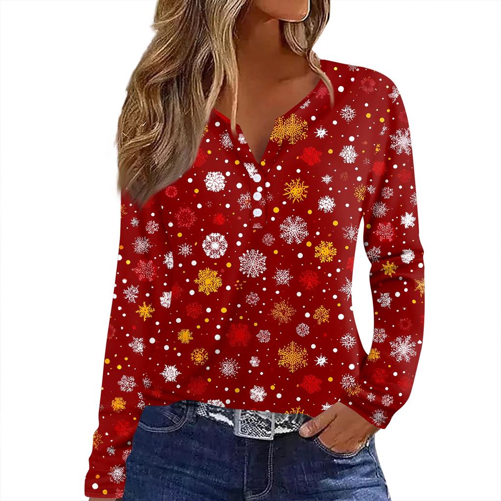 Женская футболка с рождественским принтом на пуговицах с длинным рукавом, повседневная, выходного дня, модная, базовая, с V-образным вырезом, обычная